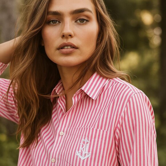 Lauren Ralph Lauren Tops - Ralph Lauren Green Label XL Pink White Pinstripe Anchor Monogram Shirt Preppy